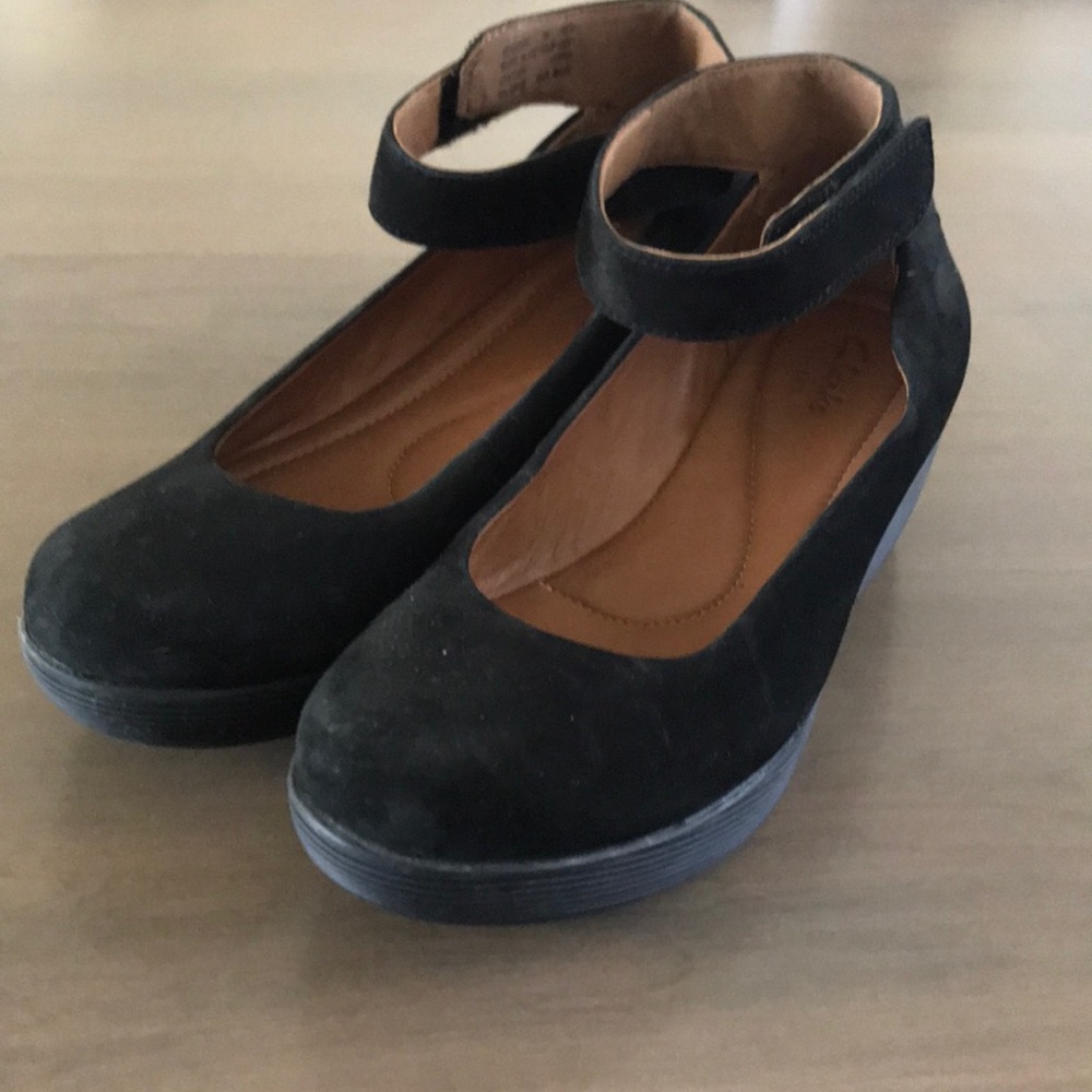 Clark’s black suede platforms with ankle strap